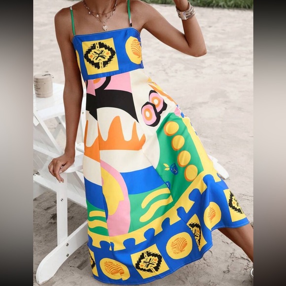 New Vibrant Abstract Geo Print Smocked Shirred Back Cami Dress - Picture 5 of 7